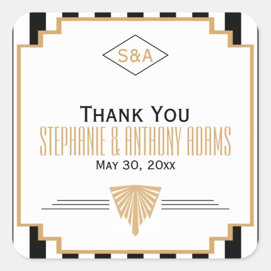 Monogram zwart, gouden en witte kunst Deco Wedding Vierkante Sticker (Voorkant)