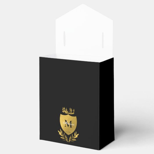 Monogram zwart-gouden koninklijk emblem bedankdoosjes (Geopend)