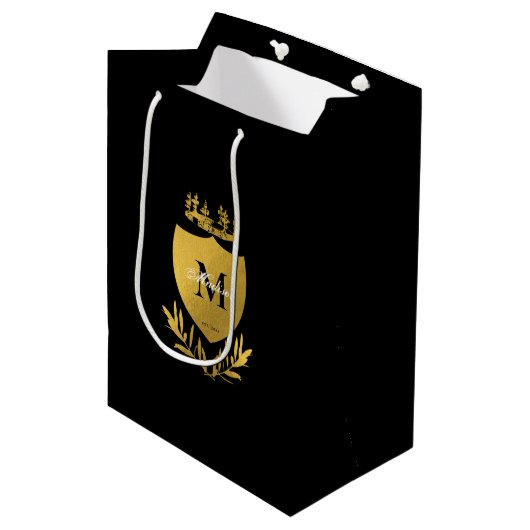 Monogram zwart-gouden koninklijk emblem medium cadeauzakje (Voorkant Gekanteld)