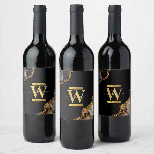 Monogram zwart-goudgrijs wijn etiket (Flessen)
