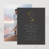 Monogram zwart-goudlef | Moderne fotobruiloft Uitnodiging Briefkaart (Voorkant / Achterkant)