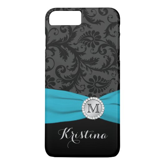 Monogram zwart, grijs, Blue Damask iPhone 7 Hoesje (Achterkant)