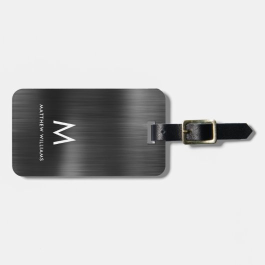 Monogram zwart grijs Faux metaal staal gestileerd Bagagelabel (Voorkant horizontaal)