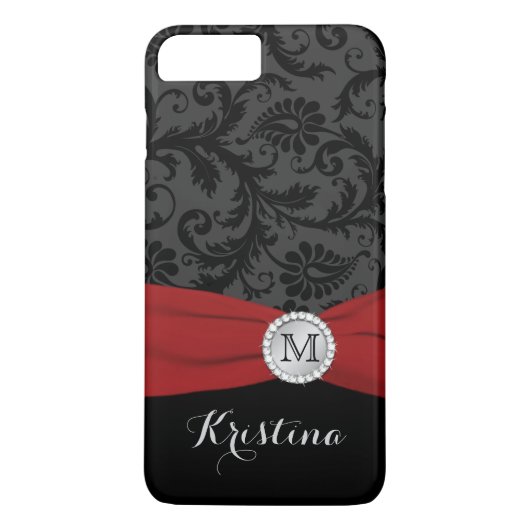 Monogram zwart, grijs, Red Damask iPhone 7 Hoesje (Achterkant)