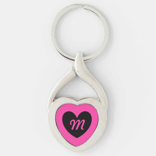 Monogram zwart hart op fuchsia roze sleutelhanger (Voorkant)