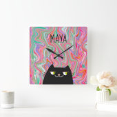 Monogram zwart katje en roze artsy Pattern Vierkante Klok (Huis)