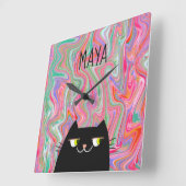 Monogram zwart katje en roze artsy Pattern Vierkante Klok (Hoek)