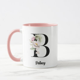 Monogram Zwart Letter Waterverf Bloemen Mok