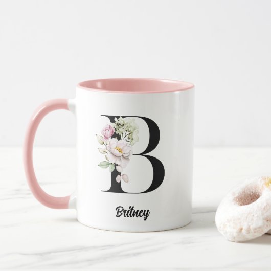 Monogram Zwart Letter Waterverf Bloemen Mok (Met donut)