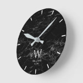 Monogram Zwart Marmer Witte Initiaal & Aangepaste Ronde Klok (Hoek)