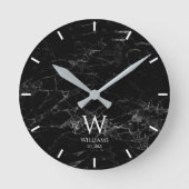 Monogram Zwart Marmer Witte Initiaal & Aangepaste  Ronde Klok (Voorkant)