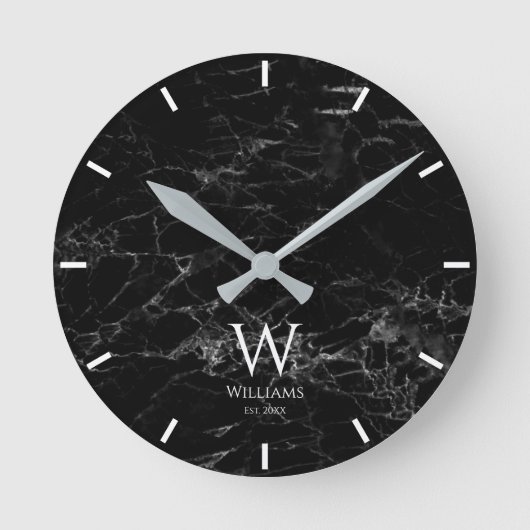 Monogram Zwart Marmer Witte Initiaal & Aangepaste Ronde Klok (Voorkant)