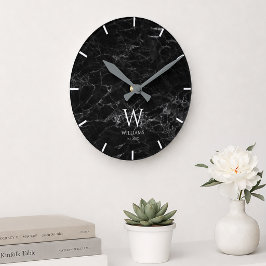 Monogram Zwart Marmer Witte Initiaal & Aangepaste  Ronde Klok