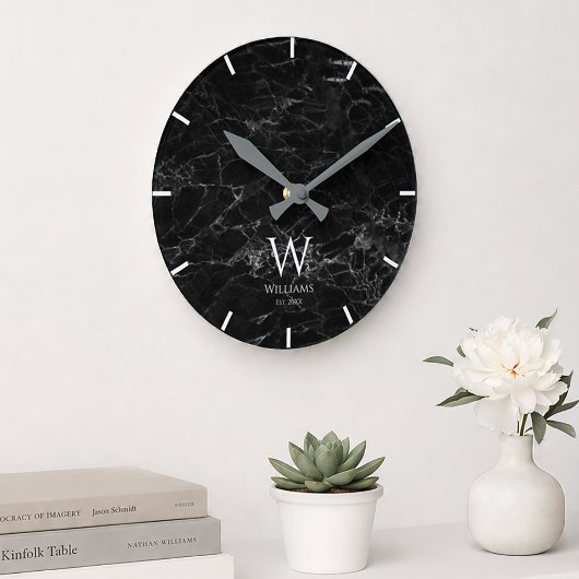 Monogram Zwart Marmer Witte Initiaal & Aangepaste  Ronde Klok