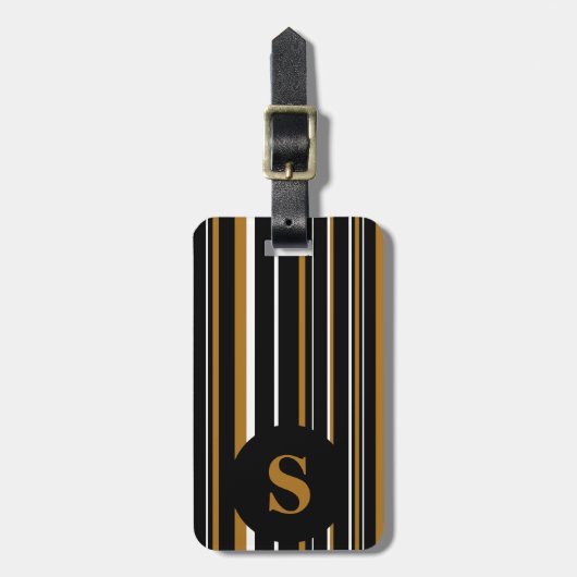 Monogram Zwart Matte Gouden Barcode Cirkelstreep Bagagelabel (Voorkant verticaal)