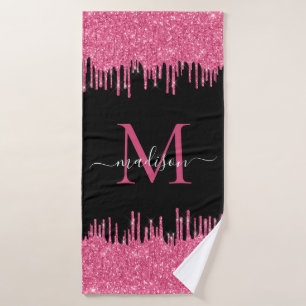 Monogram zwart Metallic Hot Pink Driping Glitter Badhanddoek