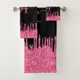 Monogram Zwart Metallic Hot Pink Dripping Glitter Bad Handdoek