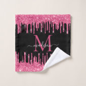 Monogram Zwart Metallic Hot Pink Dripping Glitter Bad Handdoek (Wasdoekje)