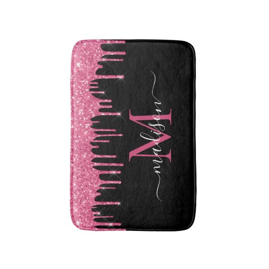Monogram Zwart Metallic Hot Pink Dripping Glitter Badmat (Voorkant Verticaal)