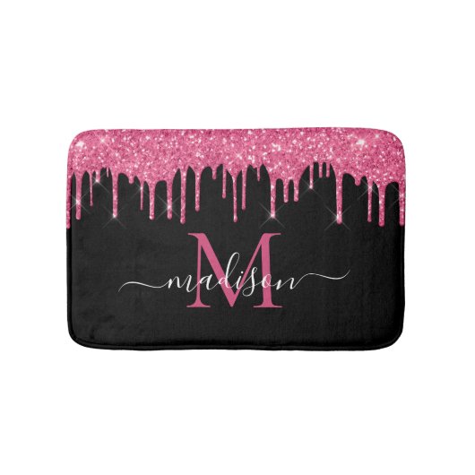 Monogram Zwart Metallic Hot Pink Dripping Glitter Badmat (Voorkant)