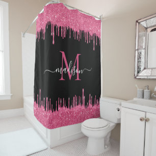 Monogram Zwart Metallic Hot Pink Dripping Glitter Douchegordijn