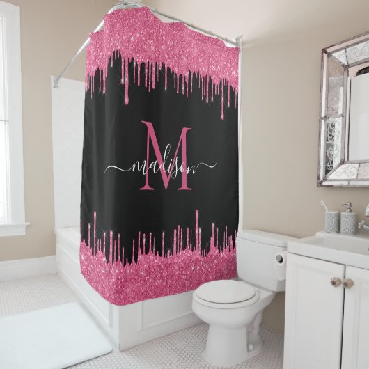 Monogram Zwart Metallic Hot Pink Dripping Glitter Douchegordijn (In situ)