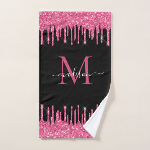 Monogram Zwart Metallic Hot Pink Dripping Glitter Handdoek