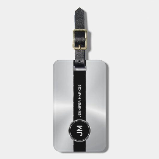 Monogram, Zwart Metallic Zilveren Patroon Ontwerp Bagagelabel (Voorkant verticaal)