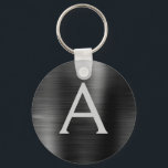 Monogram zwart, modern, roestvrij staal sleutelhanger<br><div class="desc">Moderne en elegante zwarte faux roestvrijstalen metalen elegante Sleutelhanger. Deze Sleutelhangers kunnen worden aangepast om uw initiaal en voornaam te omvatten. Deze sleutelketens maken geweldige verjaardag,  vrijgezellenfeest of bacheloretfeesten.</div>