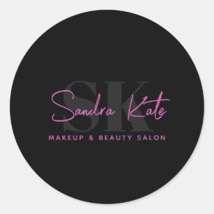 Monogram Zwart Neon Roze Schoonheidssalon Aangepas Ronde Sticker