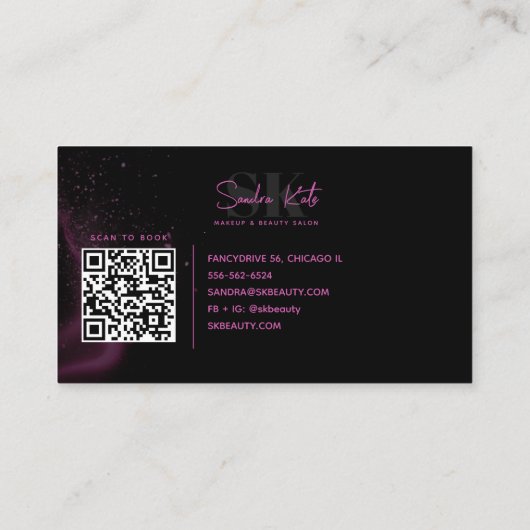 Monogram Zwart Neon Roze Schoonheidssalon QR Code Visitekaartje (Achterkant)