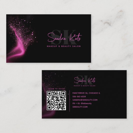 Monogram Zwart Neon Roze Schoonheidssalon QR Code Visitekaartje (Voorkant / Achterkant)