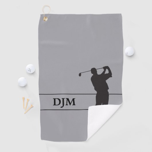 Monogram zwart op grijze Silhouette Golfer Golfhanddoek (Insitu)