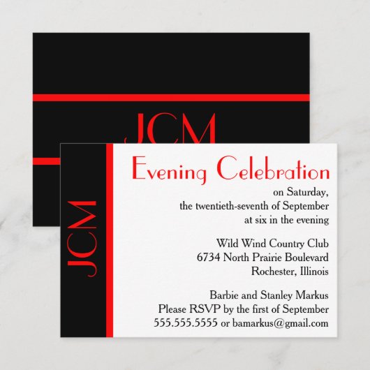 Monogram Zwart Rode Avondviering RSVP Wit Kaart (Voorkant / Achterkant)
