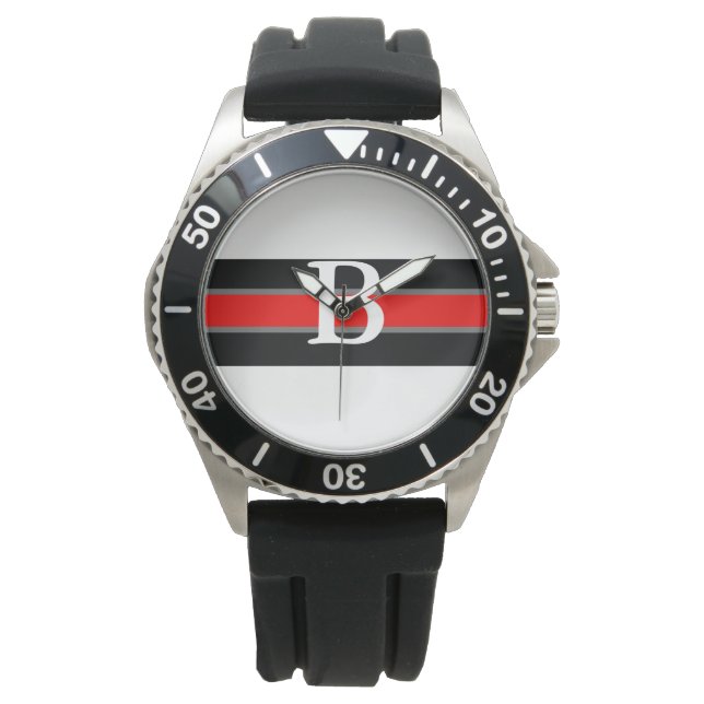 Monogram zwart & rood gestreept horloge (Voorkant)
