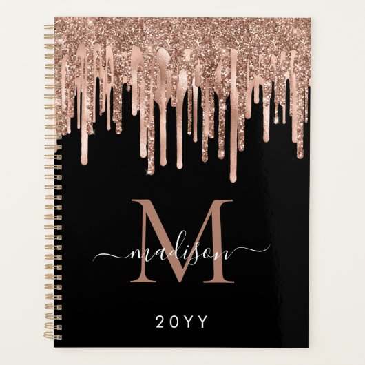Monogram zwart Roos Gold Driving Metaal Glitter Planner (Voorkant)
