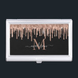 Monogram zwart Roos Gold Driving Metaal Glitter Visitekaarthouder<br><div class="desc">Elegant Monogram Roze Rose Goud Dripping Glitter Geborsteld Metaal Dripping Sparkle Rand Overlay Zwart Wit Script Naam Business Card Case</div>