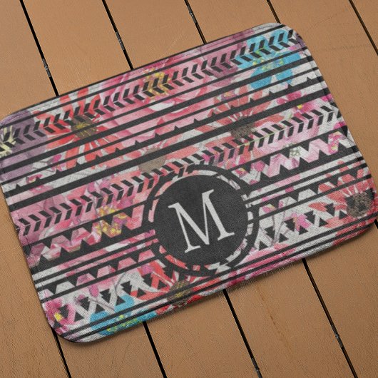 Monogram Zwart Roze Blauw Azteeks Bloemen Patroon Badmat