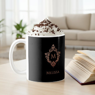 Monogram Zwart Roze Elegant Roos Gold Crest & Naam Koffiemok