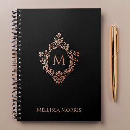 Monogram Zwart Roze Elegant Roos Gold Crest Naam Notitieboek