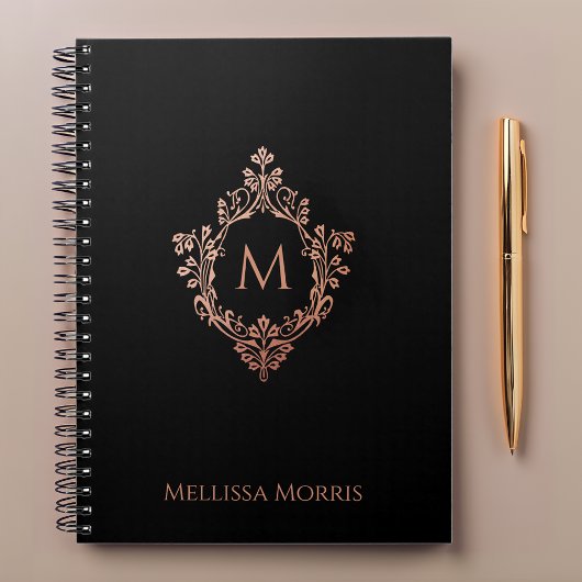 Monogram Zwart Roze Elegant Roos Gold Crest Naam Notitieboek