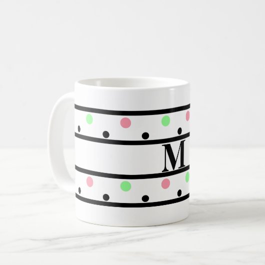Monogram Zwart Roze Groene Polka Dots Koffiemok (Voorkant links)