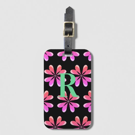 Monogram zwart roze retro floral bagagelabel (Voorkant (verticaal))