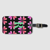Monogram zwart roze retro floral bagagelabel (Voorkant (horizontaal))