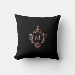 Monogram Zwart Roze Roos Goud Elegante Crest Kussen