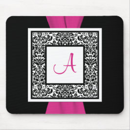 Monogram zwart, Roze, White Damask Mousepad Muismat