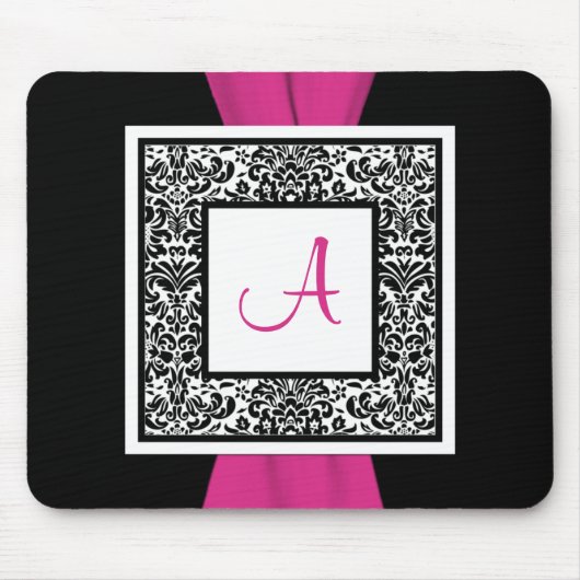 Monogram zwart, Roze, White Damask Mousepad Muismat (Voorkant)