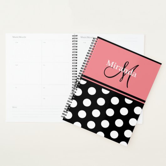 Monogram Zwart Roze Wit Polka Dots Script Planner (Display)