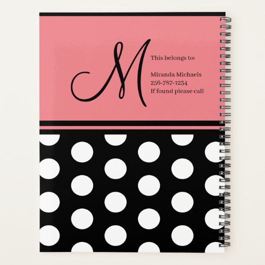 Monogram Zwart Roze Wit Polka Dots Script Planner (Achterkant)