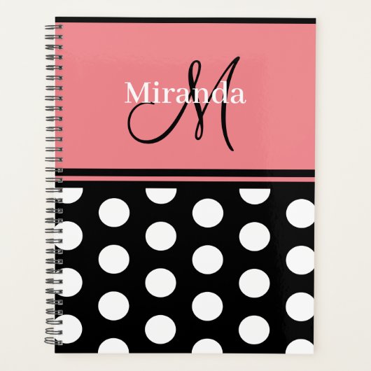 Monogram Zwart Roze Wit Polka Dots Script Planner (Voorkant)